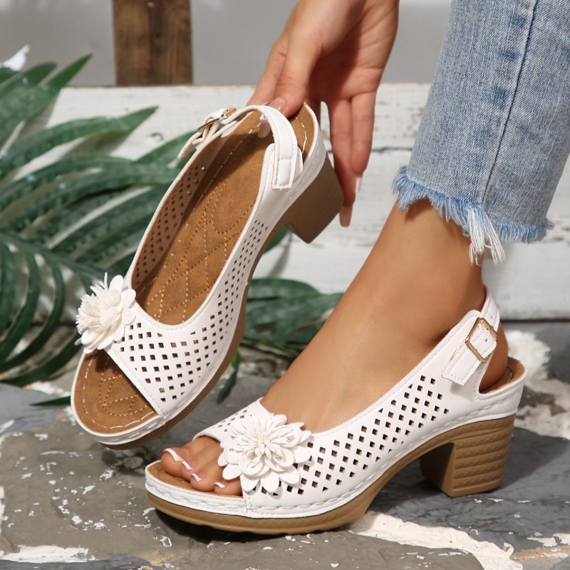 Square Toe Mule - レディースチャンキーヒールサンダル 夏 2026 ファッションフラワーデコレーション ホロービーチ 女性用シューズ