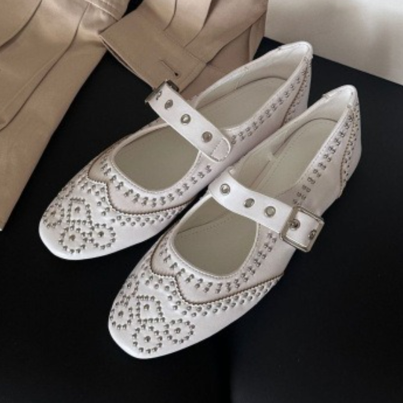 Women Shoes Branded - レトロリベットバックルデザインフラットシューズ レディース ラウンドトゥ シャロー エレガント メリージェーンシューズ