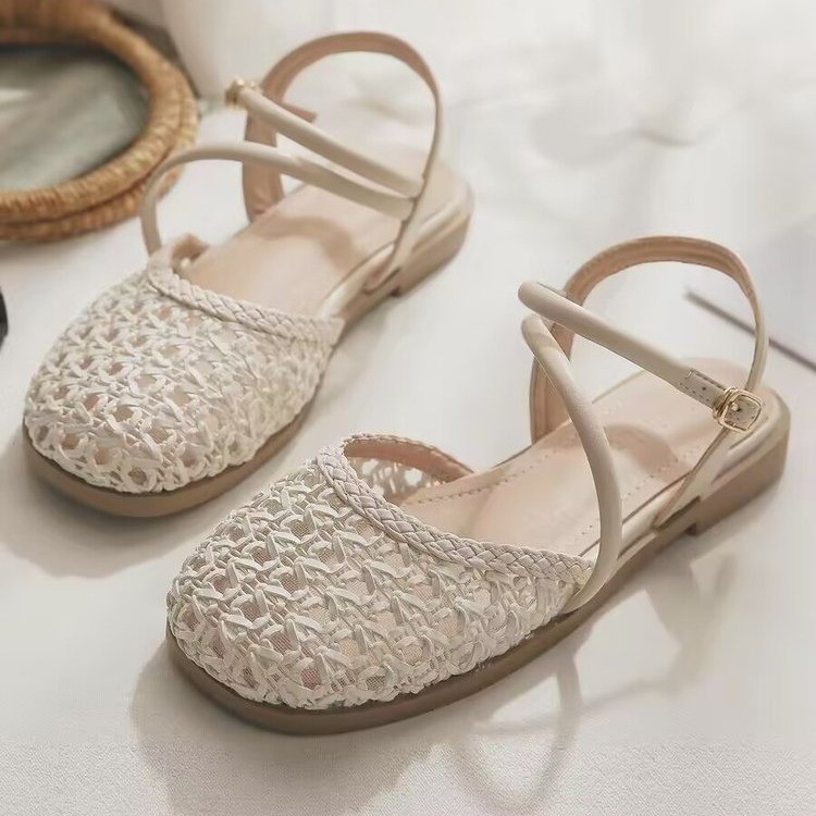 Square Toe Mule - 女性用フレンチスタイルクローズドトゥサンダル、夏用中空シングルストラップ、チャンキーヒール、大きいサイズ