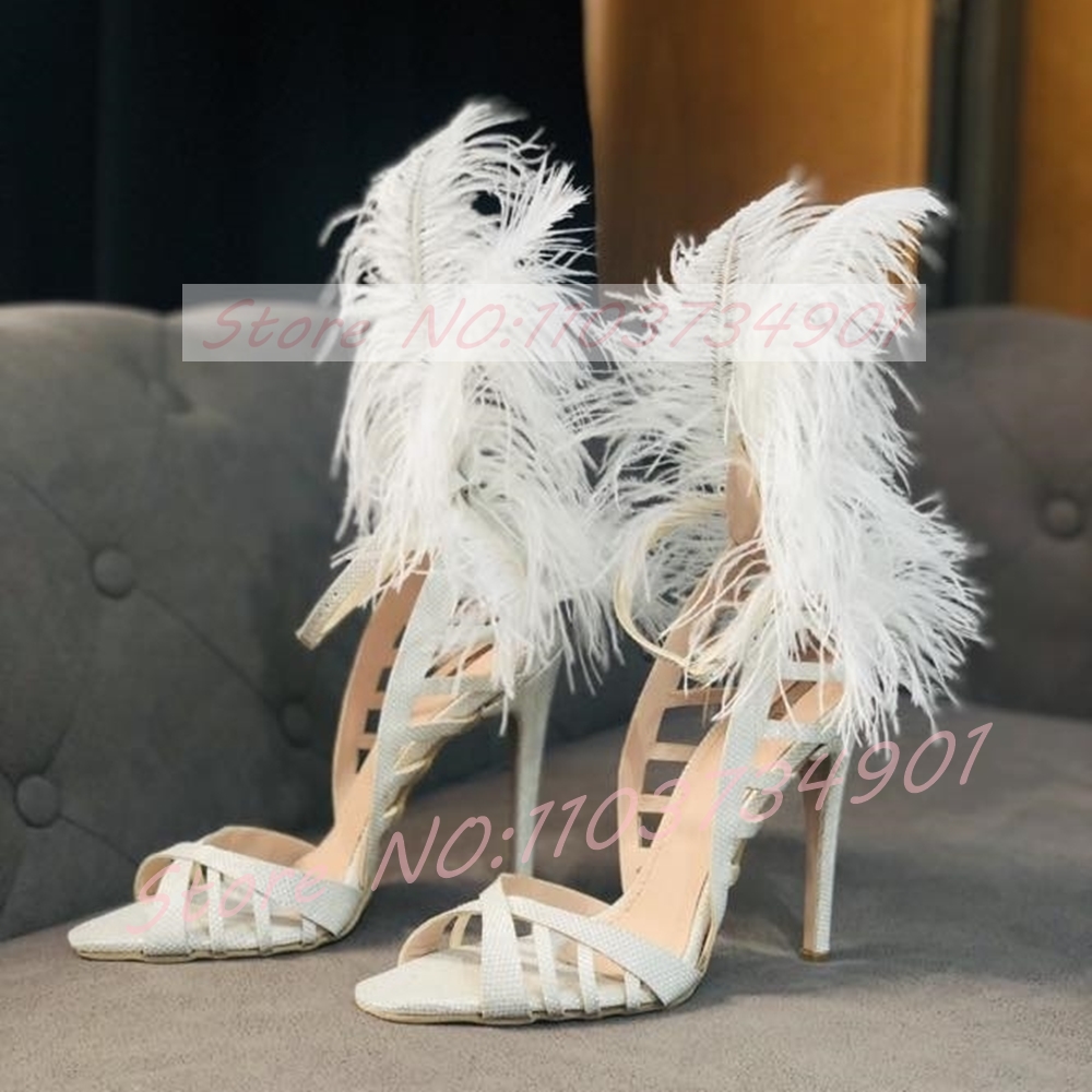 Women'S Shoes Trendy - グラムフェザーシークインスティレットサンダル女性のセクシーな白い毛皮アンクルストラップオープントゥグラディエーターサンダルトレンディで上品なハイヒールシューズ