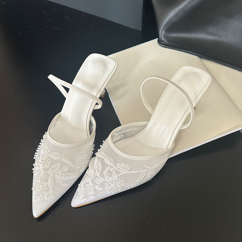 Women Shoes Branded - 2026 エレガントなスリングバックサンダル女性薄型ハイヒールパンプスブランドデザイナーメッシュ刺繍花バックストラップウェディングパーティーシューズ