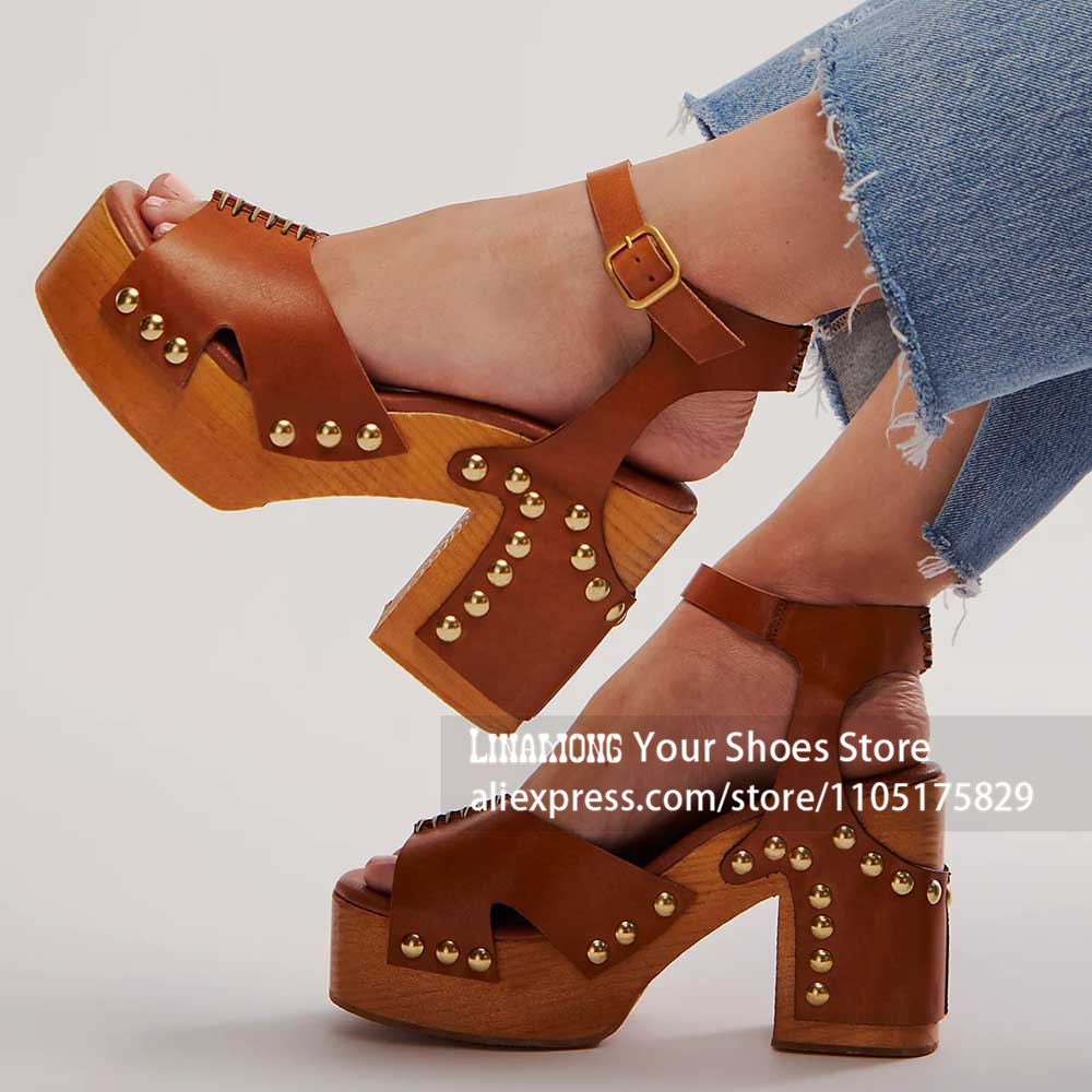 Women'S Shoes Clogs - チャンキーヒールプラットフォームクロッグサンダル、スタッズ付き木製ブロックヒールサマーシューズ、リベットアンクルストラップスクエアトゥビーチサンダル（休暇用）
