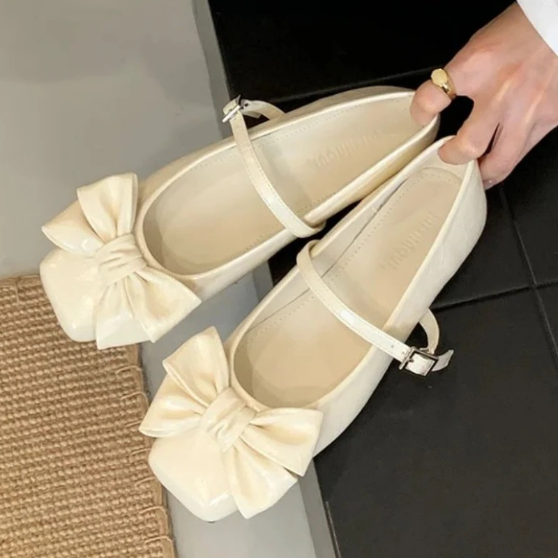 Women Shoes Branded - キュートな蝶結びスクエアトゥデザインゴールドレディースパンプス エレガントなフラットメリージェーンシューズ レディースロリータスタイルローヒールドレスヒール