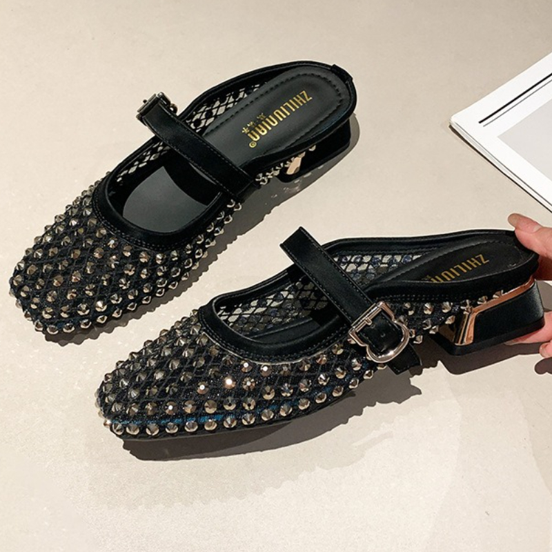 Square Toe Mule - メッシュラインストーンチャンキーヒールミュールスリッパ女性通気性夏のファッションスライドスクエアトゥサンダル女性のための Pantuflas Mujer