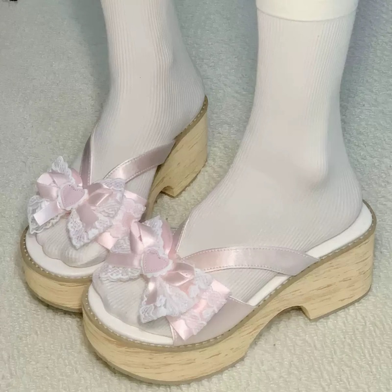 Square Toe Mule - スイートボウ木目調厚底プラットフォームスリッパ女性用夏和風快適ハイヒールサンダル