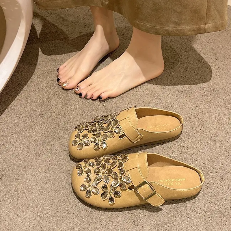 Women'S Shoes Clogs - 女性用花柄ラインストーンバックルストラップ付きクローズドトゥスリッポンミュールクロッグヴィンテージカジュアルデイリーアウトドアフットウェアドロップシッピングギフト