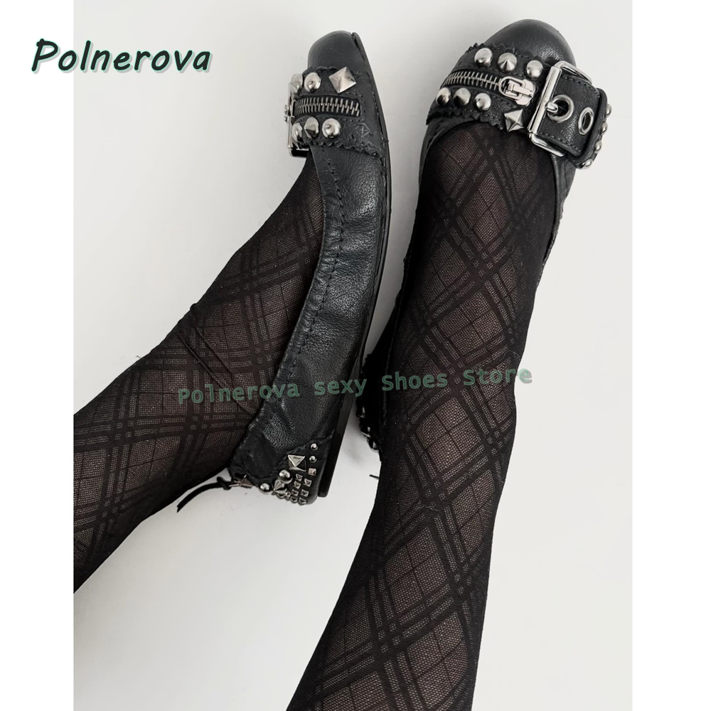 Women'S Shoes Large - リベットベルトバックル付きメリージェーンシューズ、ポインテッドトゥ、浅いジッパー装飾、レディースファッションパンプス、2026年春夏シューズ