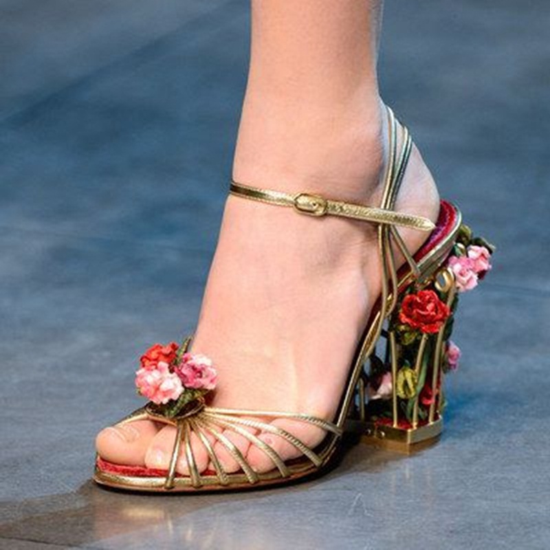 Women'S Shoes Clogs - 高級鳥かご女性サンダルゴールドメタリックレザーストラップサンダル花花アンクルストラップ祝う花嫁パーティーシューズ 8.5 センチメートル