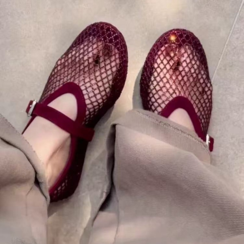 Women'S Shoes Large - 中空ラインストーンバオトウサンダル レディース 2026年新作 フィッシングネット通気性織りメリージェーンシングルシューズ