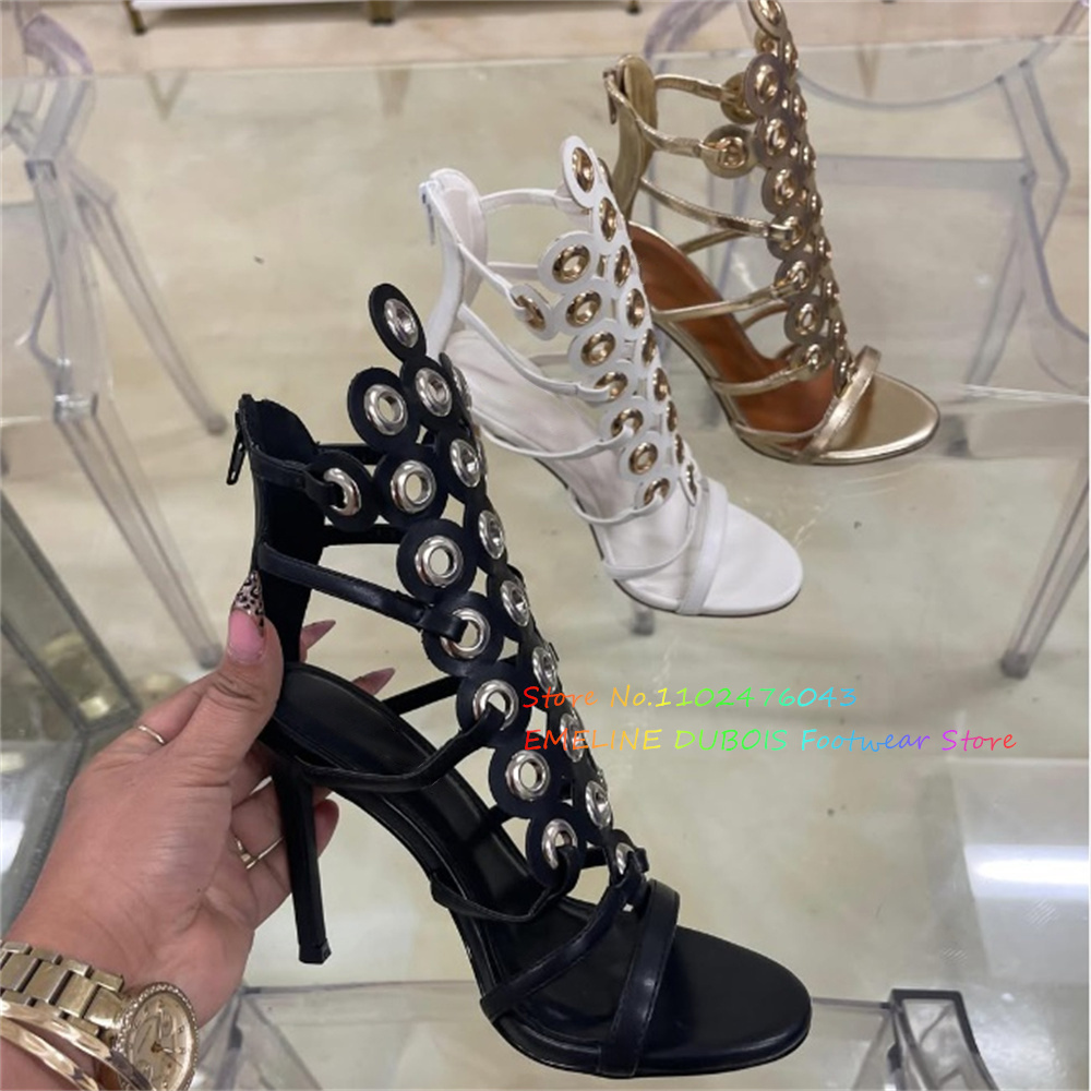 Women'S Shoes Trendy - ゴールドメタルサークル装飾ハイヒールサンダル女性のセクシーなオープントゥスティレットヒールバックジッパーストラップトレンディなパーティードレスシューズ