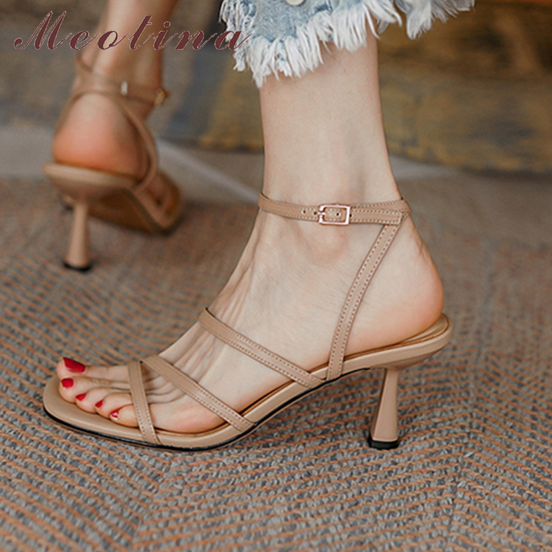Women'S Shoes Size 40 In Us - Meotina-女性用スクエアアンクルストラップ付きサンダル,バックル付きファインハイヒールシューズ,ナローバンド,ベージュ40