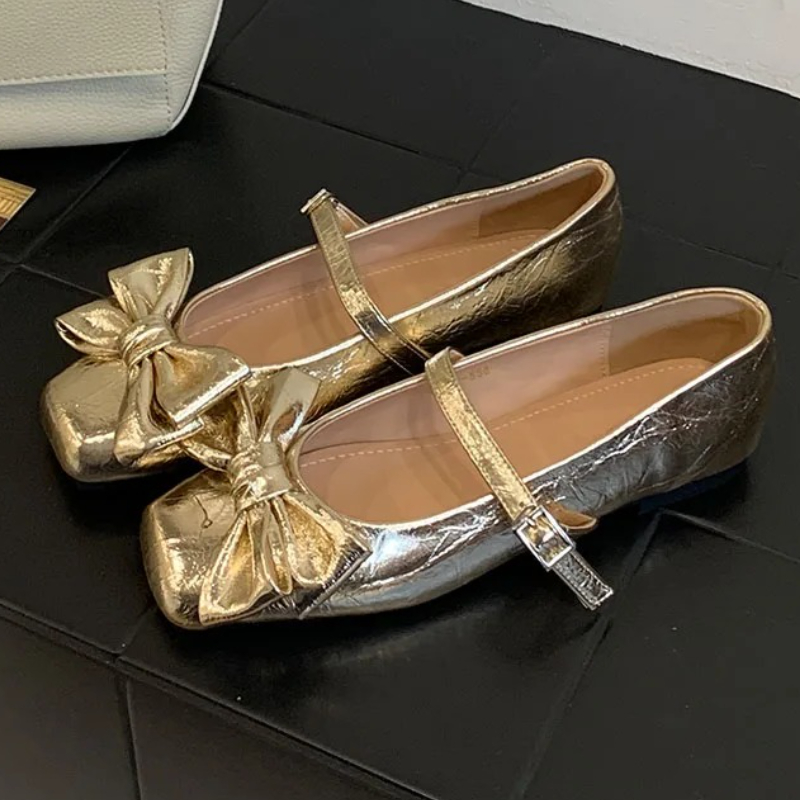 キュートな蝶結びスクエアトゥデザインゴールドレディースパンプ - Women Shoes Branded のレビューと価格