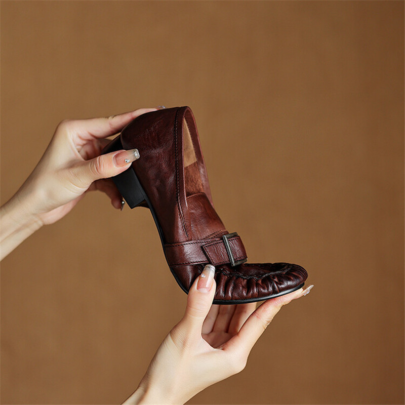 女性用本革モカシン,丸いつま先の靴,プリーツパンプス,厚手の - Women'S Shoes Large のレビューと価格