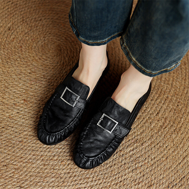 女性用本革モカシン,丸いつま先の靴,プリーツパンプス,厚手の - Women'S Shoes Large のレビューと価格
