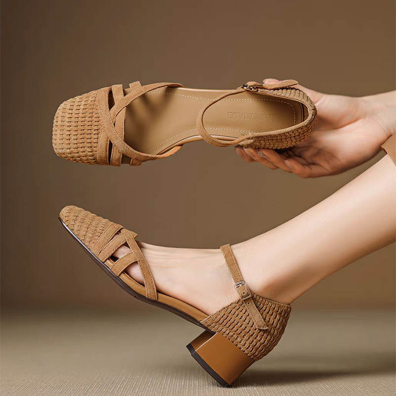 レトロ織りハイヒールサンダル レディース 2025 夏 スク - Square Toe Mule のレビューと価格