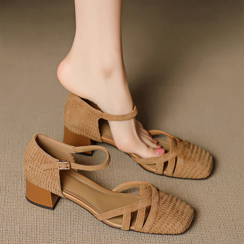 レトロ織りハイヒールサンダル レディース 2025 夏 スク - Square Toe Mule のレビューと価格