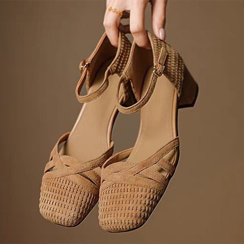 レトロ織りハイヒールサンダル レディース 2025 夏 スク - Square Toe Mule のレビューと価格