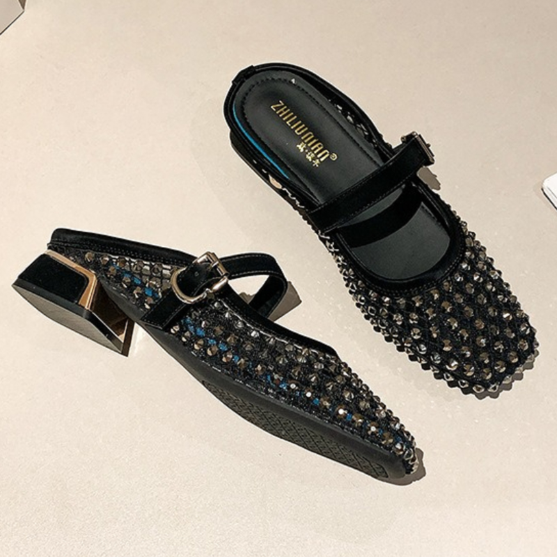 メッシュラインストーンチャンキーヒールミュールスリッパ女性通 - Square Toe Mule のレビューと価格