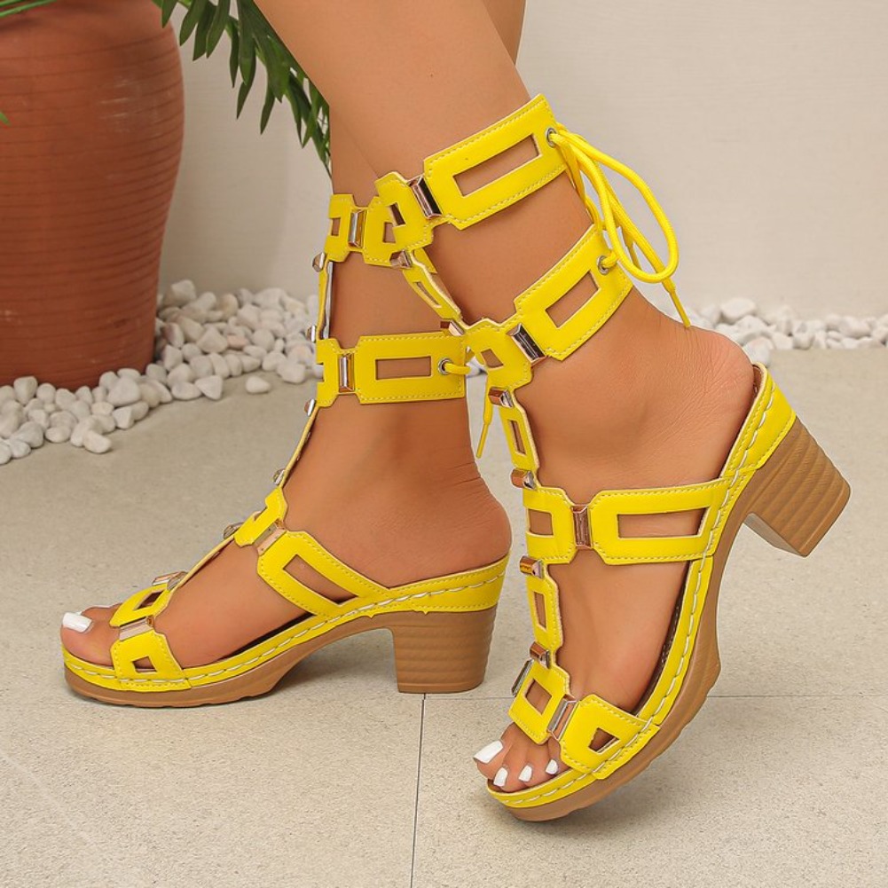 女性ハイヒールサンダル 2026 夏レースアップレトロ大型ロ - Square Toe Mule のレビューと価格